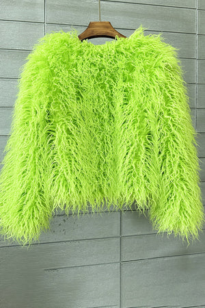 mongolian fur jacket curly short furry outerwear for women in lime green 7 Alicefurs