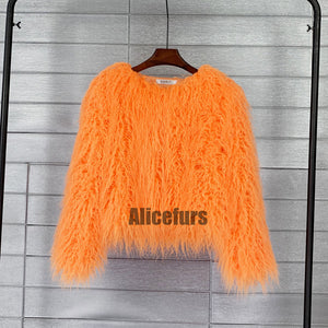 mongolian fur jacket curly short furry outerwear for women in orange Alicefurs
