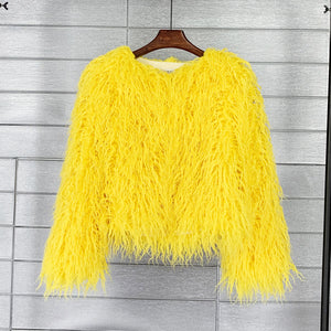 mongolian fur jacket curly short furry outerwear for women in yellow Alicefurs