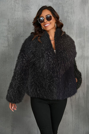 mongolian fur jacket with wide waterfall collar in black Alicefurs