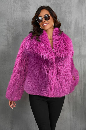 mongolian fur jacket with wide waterfall collar in fuchsia Alicefurs