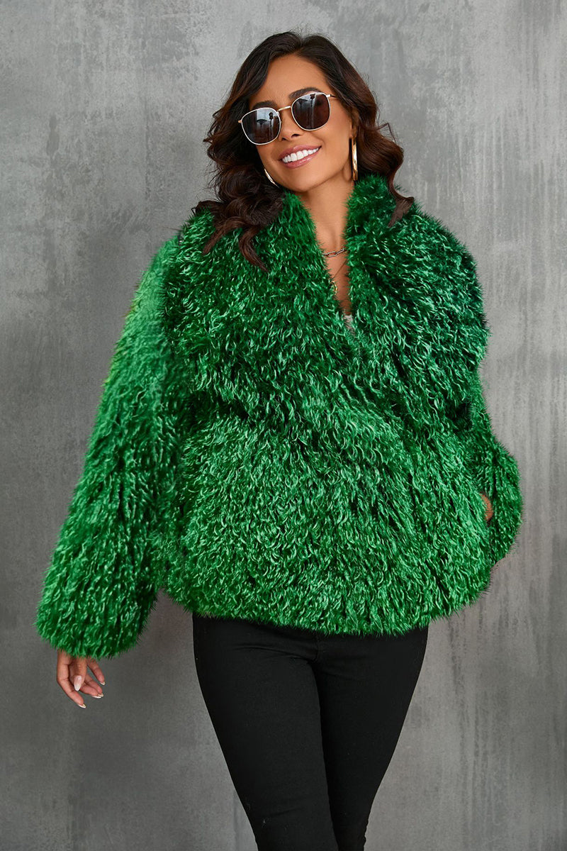 mongolian fur jacket with wide waterfall collar in green Alicefurs