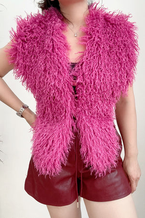 mongolian fur top shaggy v neck backless vest for women in fuchsia 5 Alicefurs