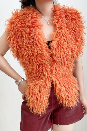 mongolian fur top shaggy v neck backless vest for women in orange 5 Alicefurs