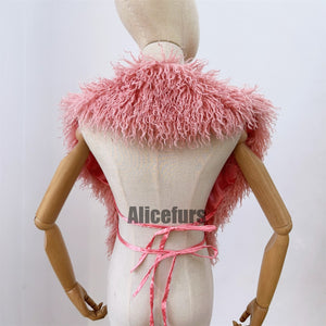 mongolian fur top shaggy v neck backless vest for women in pink 3 Alicefurs