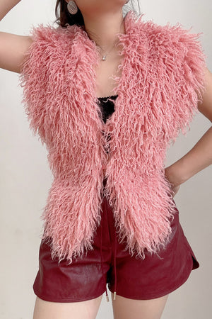 mongolian fur top shaggy v neck backless vest for women in pink 6 Alicefurs