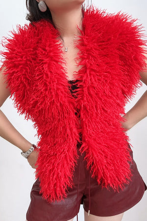 mongolian fur top shaggy v neck backless vest for women in red 5 Alicefurs