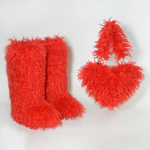 mongolian knee high fur boots and purse holiday matching set for women in red Alicefurs