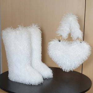 mongolian knee high fur boots and purse holiday matching set for women in white 1 Alicefurs