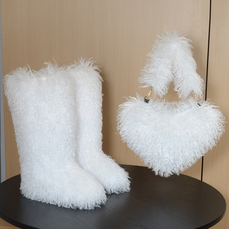 mongolian knee high fur boots and purse holiday matching set for women in white 1 Alicefurs