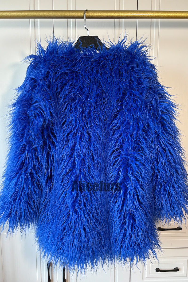 Mongolian Lamb Fur Coat Luxury Shaggy Outerwear for Women