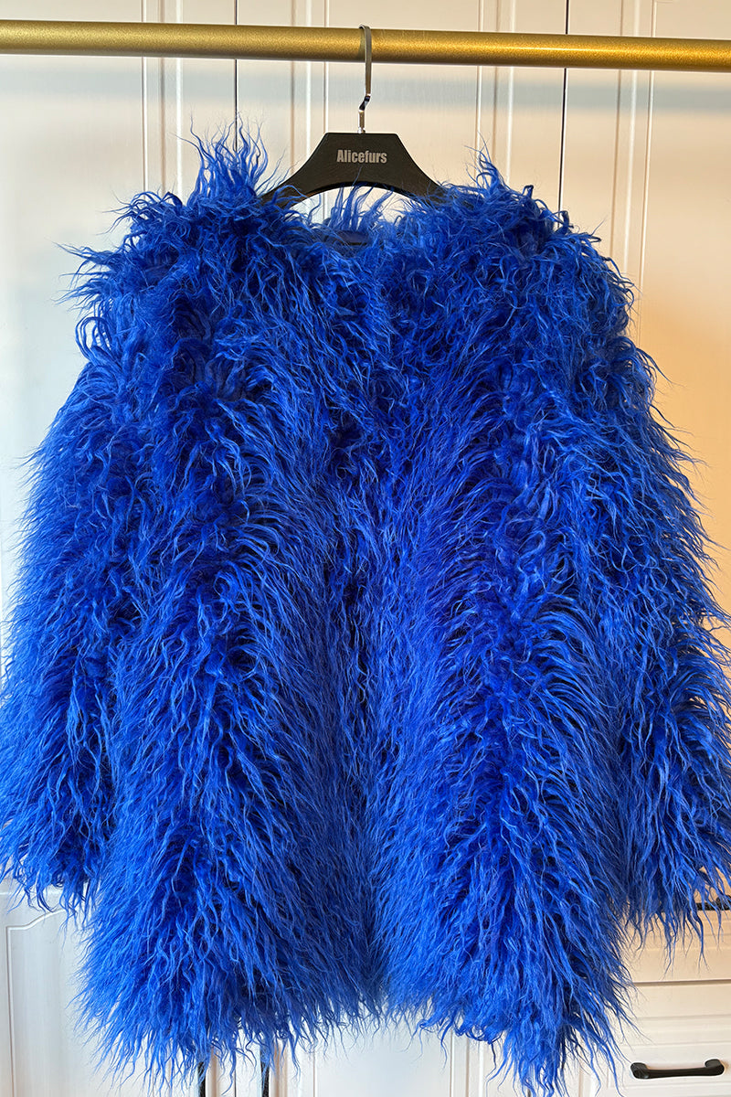 Mongolian Lamb Fur Coat Luxury Shaggy Outerwear for Women