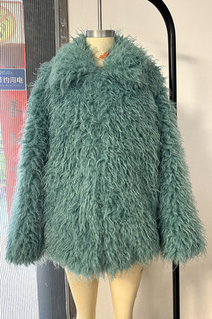 mongolian lamb fur coat short shaggy jacket for women in teal Alicefurs
