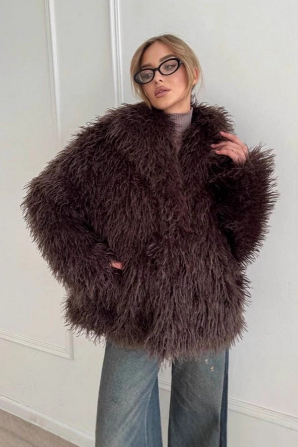 Mongolian Lamb Fur Jacket Waterfall Collar Shaggy Outerwear for Women