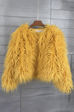 mongolian lamb fur jacket womens curly short coat in mustard yellow Alicefurs