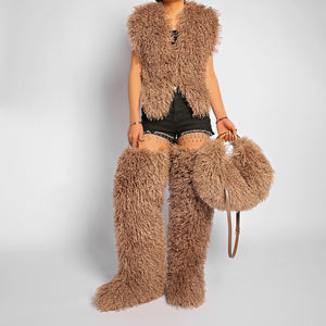 mongolian thigh high fur boots and matching purse for women in coffee brown Alicefurs
