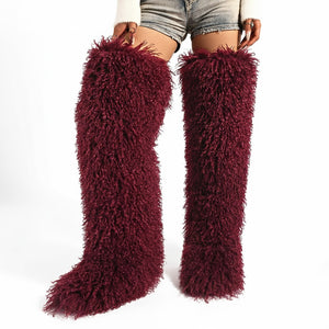 mongolian thigh high fur boots for women in burgundy 1 Alicefurs