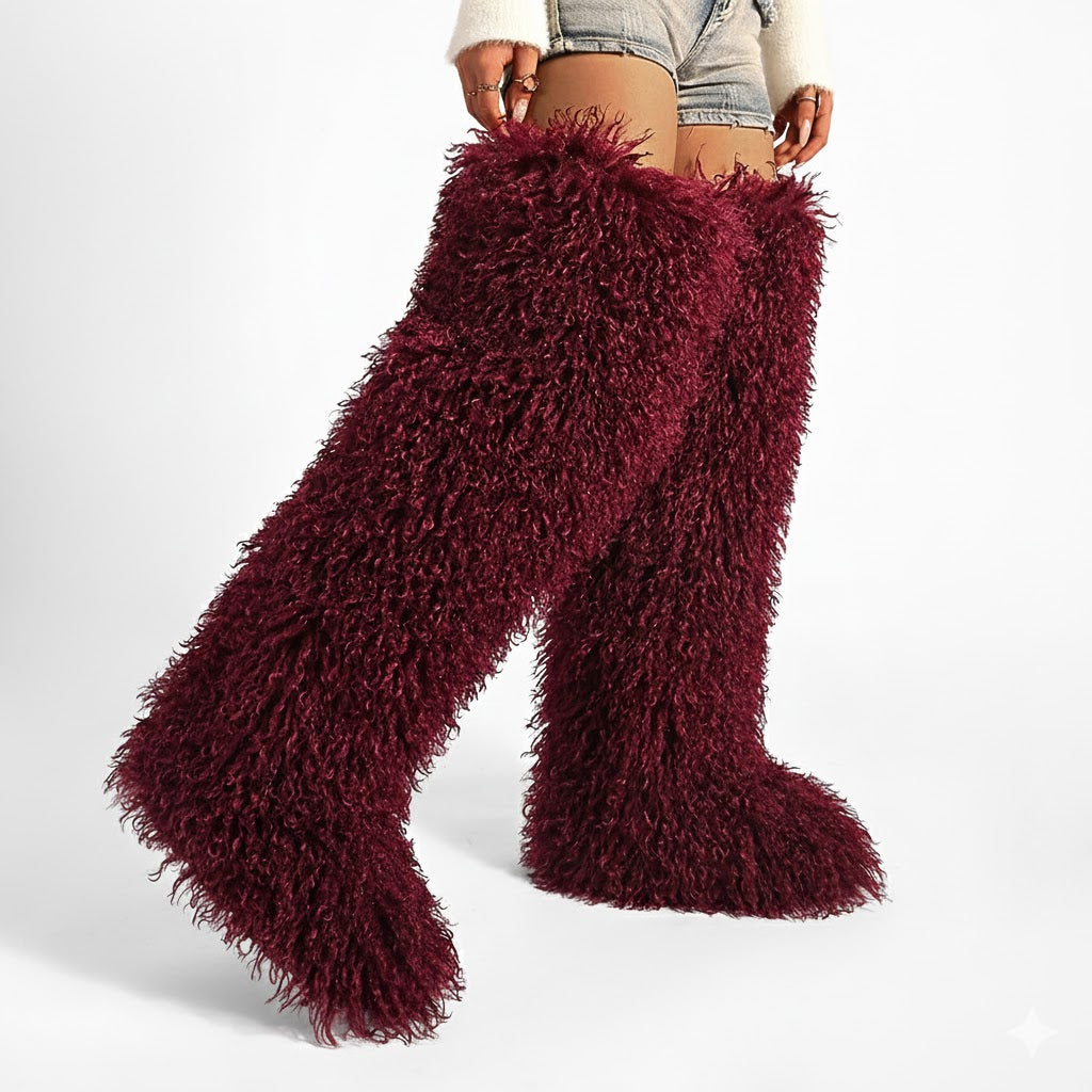 mongolian thigh high fur boots for women in burgundy 2 Alicefurs