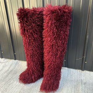 mongolian thigh high fur boots for women in burgundy Alicefurs