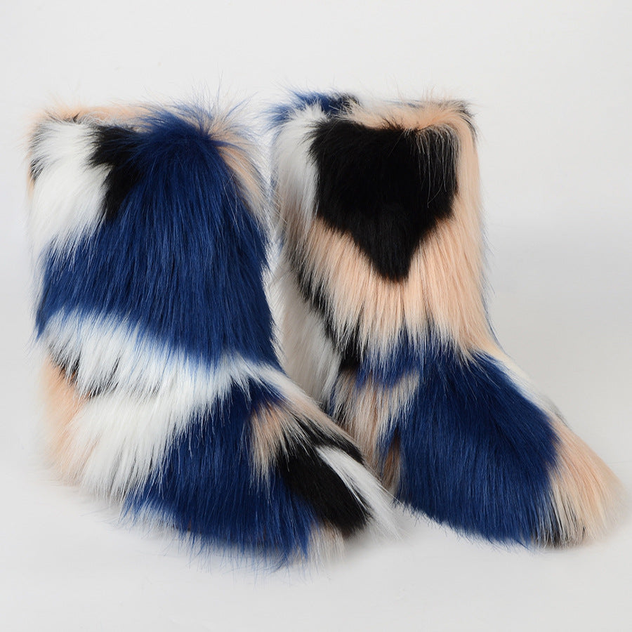 multicolor faux fur boots for women in blue white Alicefurs