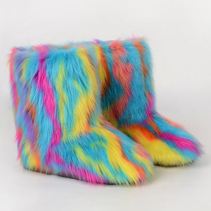 multicolor faux fur boots for women in blue yellow Alicefurs
