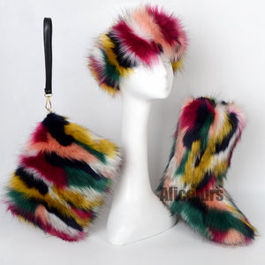 multicolor faux fur boots headband purse 3 items set for women 2 Alicefurs