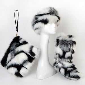 multicolor faux fur boots headband purse 3 items set for women in black and white Alicefurs