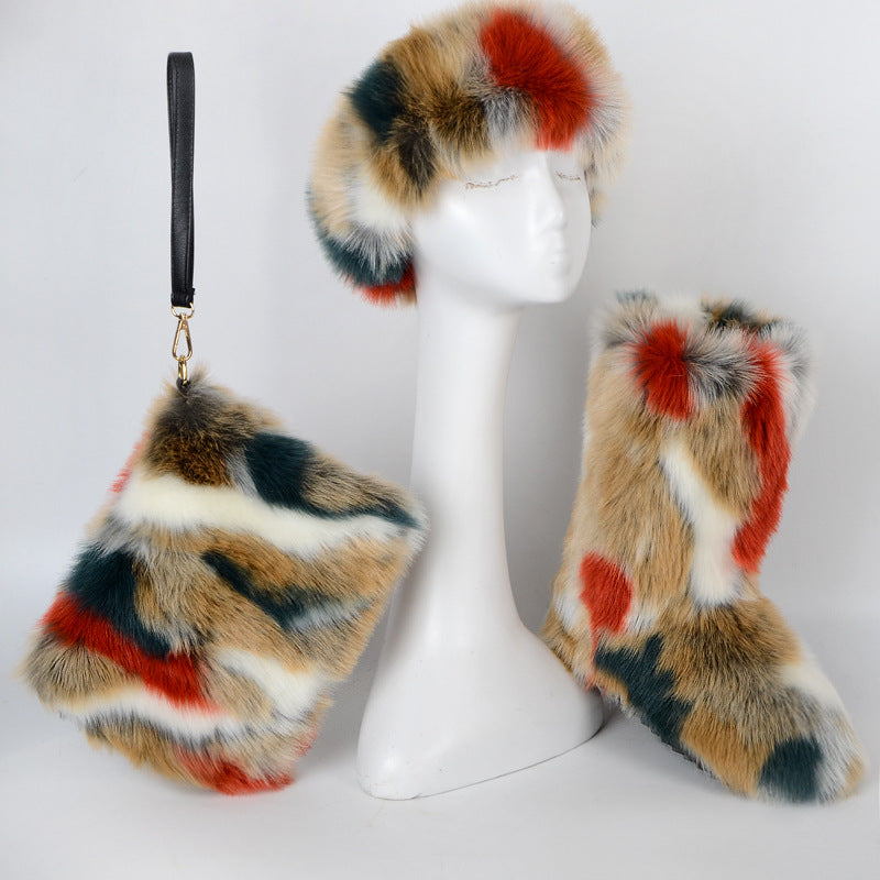 Multicolor Faux Fur Boots Headband Purse 3 Items Set for Women