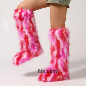 multicolor knee high fur boots for women 4 Alicefurs