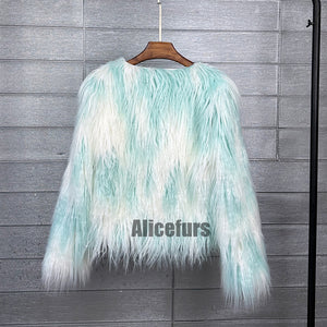 multicolor mongolian fur jacket shaggy short coat for women in blue white 2 Alicefurs