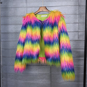 multicolor mongolian fur jacket shaggy short coat for women in rainbow color Alicefurs