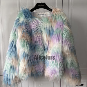 multicolor mongolian fur jacket shaggy short coat for women in unicorn color 5 Alicefurs