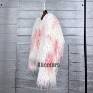 multicolor mongolian fur jacket shaggy short coat for women in white pink 3 Alicefurs