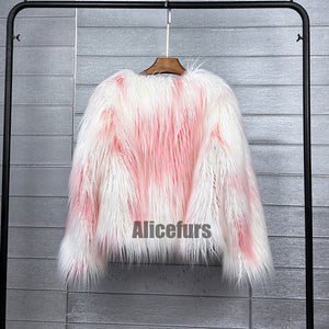 multicolor mongolian fur jacket shaggy short coat for women in white pink 5 Alicefurs