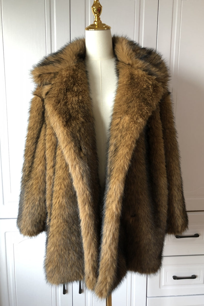 Oversized Faux Fur Coat Fluffy Mid Length Overcoat for Women