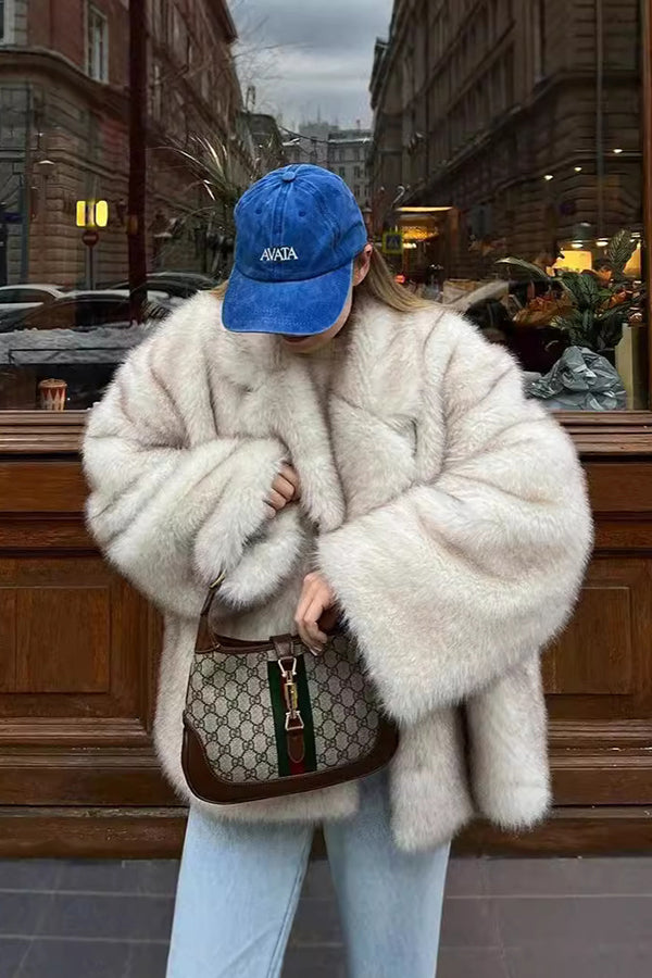 Oversized Fur Coat Lapel Collar Fluffy Winter Overcoat for Women