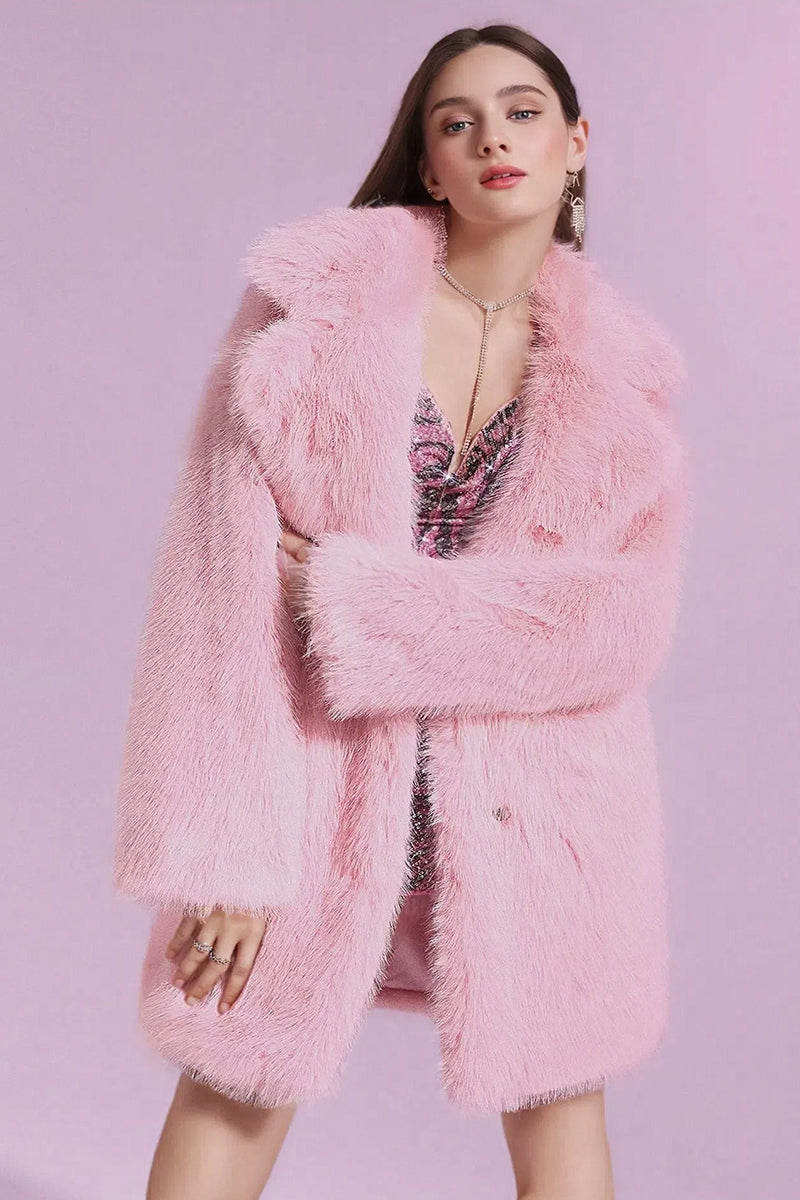 Pink Faux Fur Coat Long Fluffy Jacket for Women