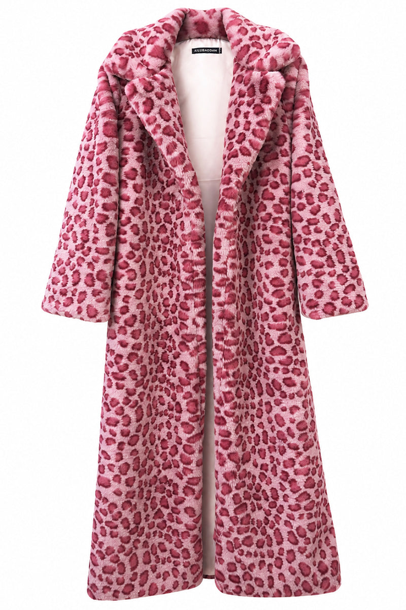 Pink Leopard Faux Fur Coat Maxi Plush Overcoat for Women