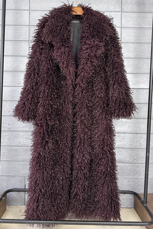 shaggy faux fur coat full length lamb overcoat for women in burgundy Alicefurs