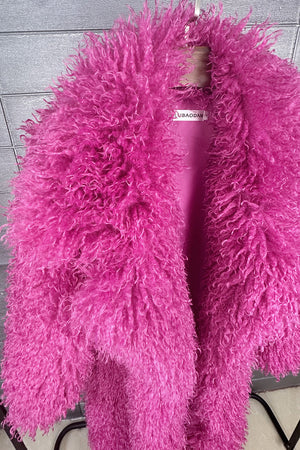 shaggy faux fur coat full length lamb overcoat for women in fuchsia 3 Alicefurs