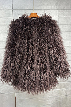 shaggy faux fur coat womens mongolian jacket in chocolate brown 2 Alicefurs