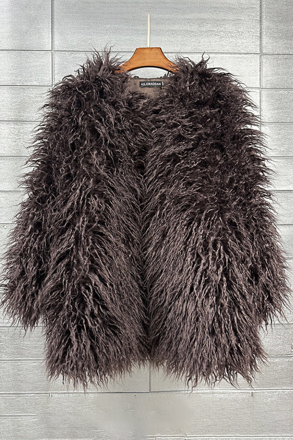 shaggy faux fur coat womens mongolian jacket in chocolate brown Alicefurs