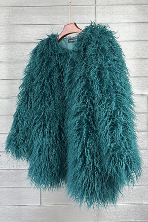 shaggy faux fur coat womens mongolian jacket in dark green 1 Alicefurs