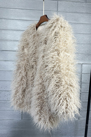 shaggy faux fur coat womens mongolian jacket in khaki 1 Alicefurs