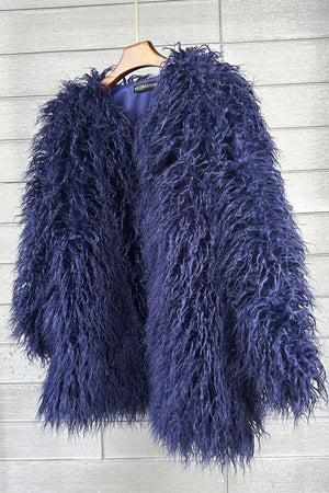 shaggy faux fur coat womens mongolian jacket in navy blue 1 Alicefurs
