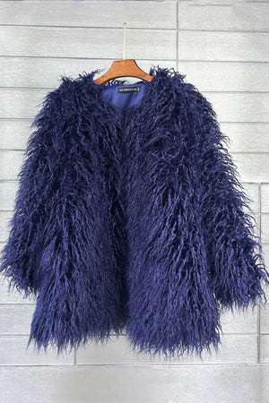 shaggy faux fur coat womens mongolian jacket in navy blue Alicefurs