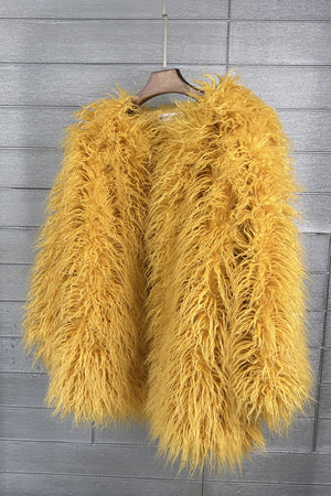 shaggy faux fur coat womens mongolian jacket in yellow 1 Alicefurs
