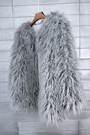 shaggy faux fur jacket ladies fluffy winter outerwear in grey 1 Alicefurs
