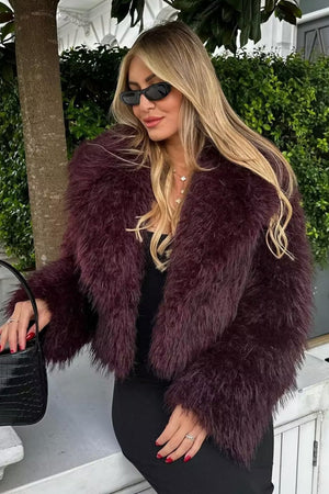 shaggy faux fur jacket mongolian cropped coat for women in burgundy 1 Alicefurs