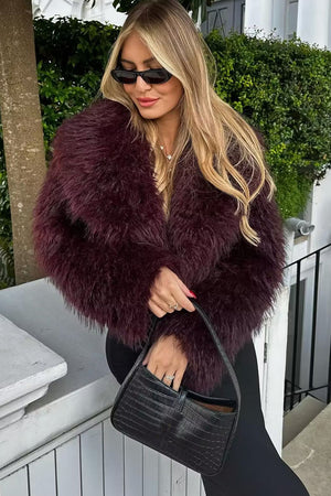 shaggy faux fur jacket mongolian cropped coat for women in burgundy 2 Alicefurs